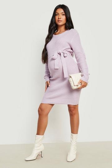 Purple Maternity Tie Waist Jumper Dress