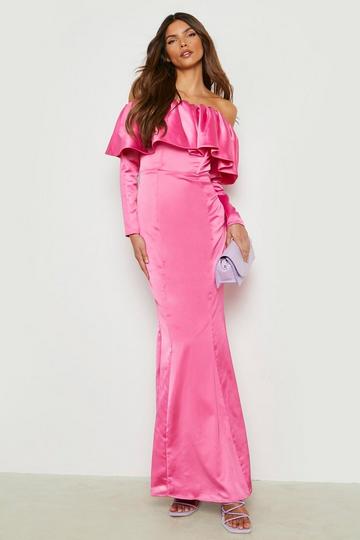 Pink Satin Bardot Frill Detail Maxi Dress