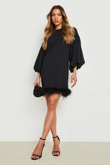 Feather Hem Balloon Sleeve Mini Dress black