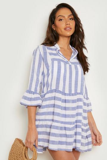Linen Look Stripe Tiered Kaftan Beach Dress blue