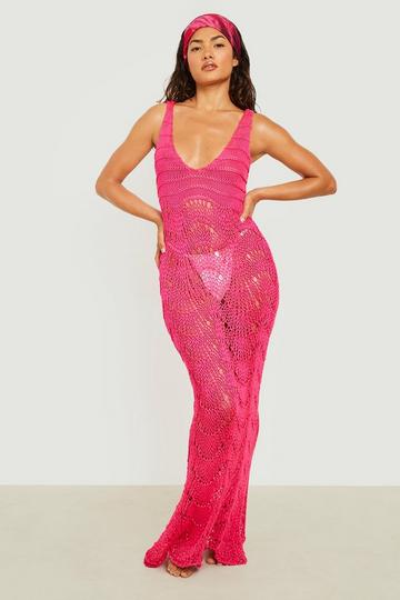 Crochet Scallop Scoop Beach Dress pink