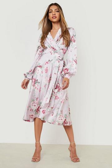 Floral Wrap Belted Midi Dress lilac