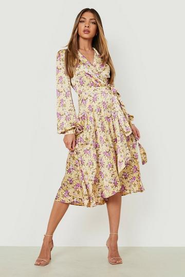 Floral Wrap Belted Midi Dress yellow