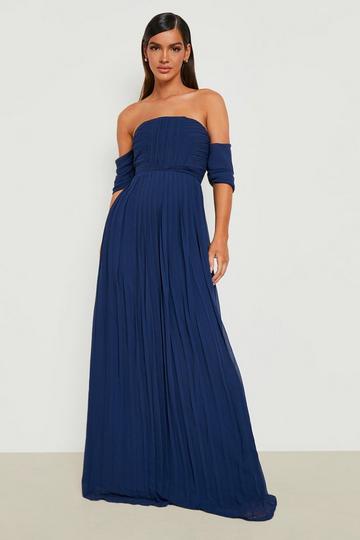 Navy Pleated Bardot Bridesmaid Maxi Dress
