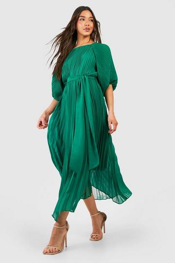 Pleated Puff Sleeve Midi Dress emerald