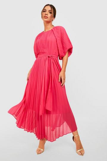 Pleated Puff Sleeve Midi Dress hot pink