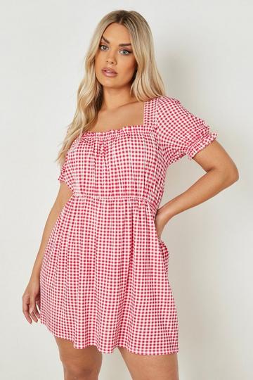 Plus Gingham Puff Sleeve Smock Dress red