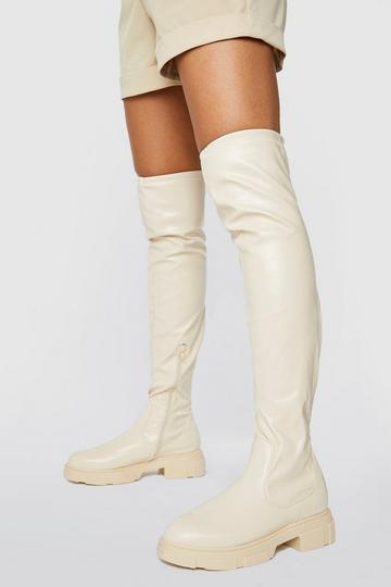 Cream White Stretch Knee High Boots