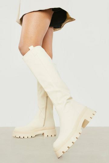 Cream White Toe Cap Detail Rubber Knee High Boot