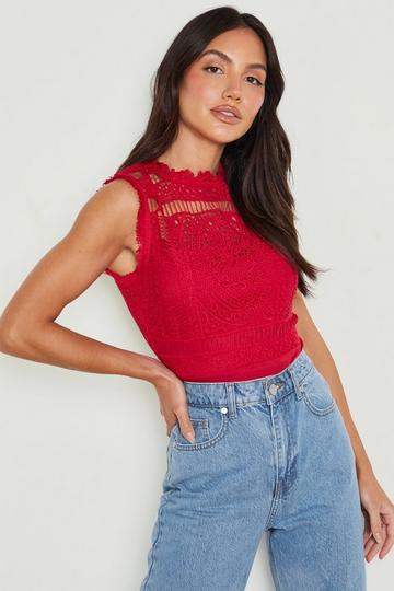 Crochet Lace Sleeveless Bodysuit red