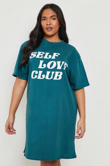 Teal Green Plus Self Love Club Slogan T-Shirt Dress