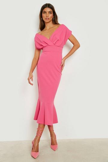 Pink Scuba Off Shoulder Peplum Midaxi Dress