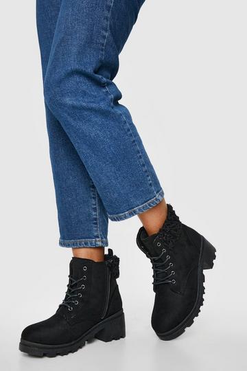 Wide Fit Fur Trim Block Heel Hiker Boots black