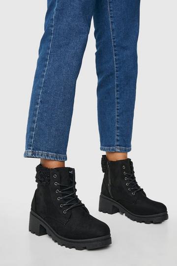Fur Trim Block Heel Hiker Boots black