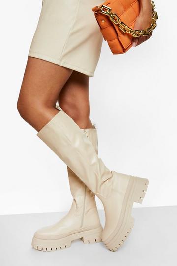 Cream White Knee High Chunky Sole Boots