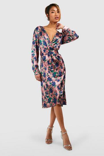 Floral Print Satin Wrap Midi Dress pink