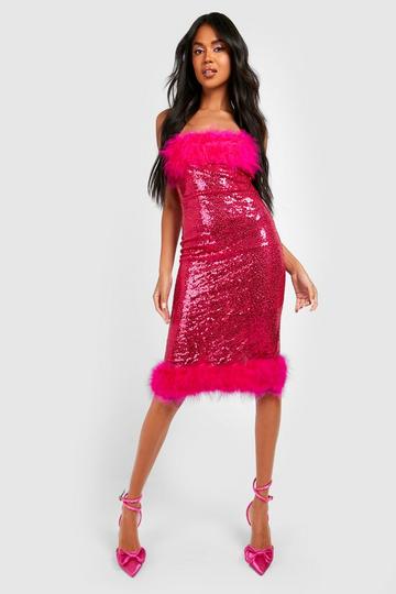 Sequin Feather Detail Bandeau Midi Dress hot pink
