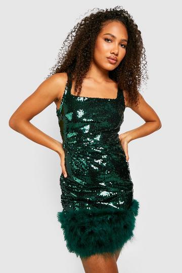 Sequin Feather Hem Mini Dress emerald