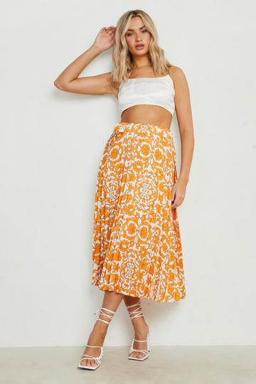 Porcelain Print Satin Pleated Midi Skirt orange