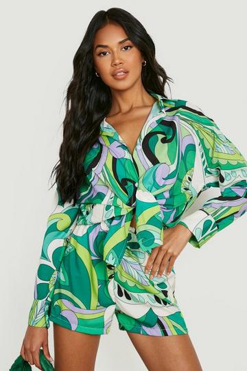 Abstract Print Tie Front Shirt & Shorts lime