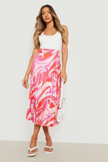 Abstract Print Satin Pleated Midi Skirt pink