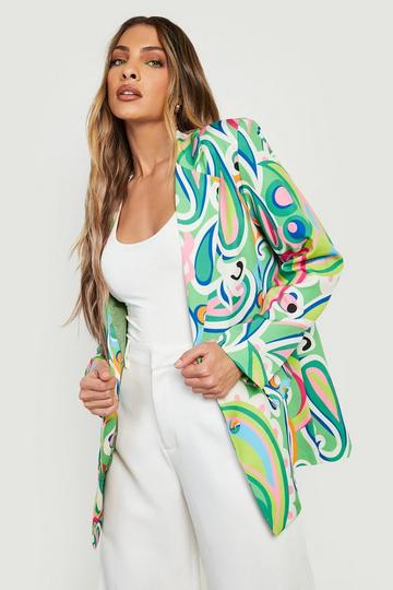 Green Abstract Print Tailored Blazer