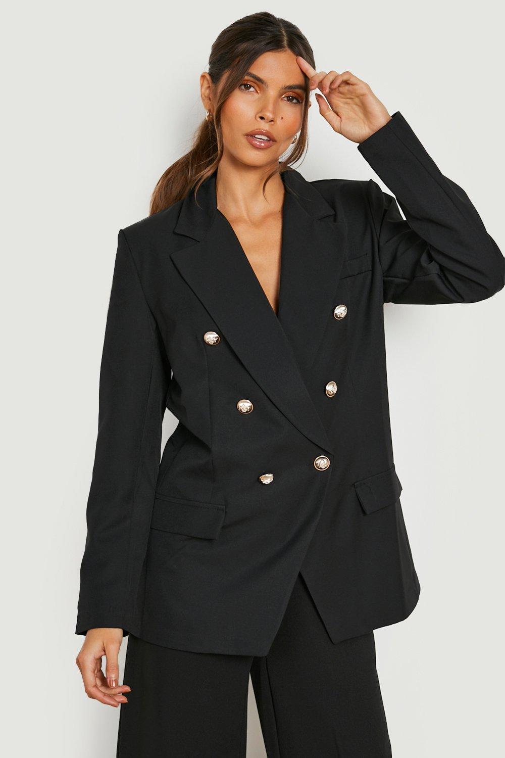 women's black double breasted blazer with gold buttons