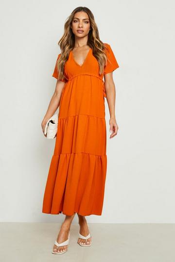 Rust Orange Tiered Short Sleeve Midaxi Dress