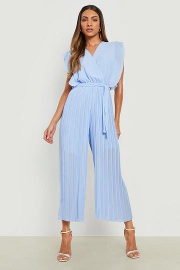 Pleated Frill Sleeve Tie Waist Jumpsuit light blue