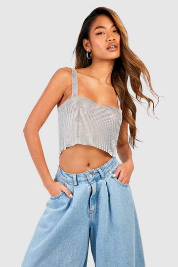 Diamante Chainmail Square Neck Crop silver