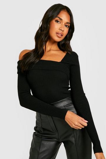 Asymmetric Neckline Rib Knitted Sweater black