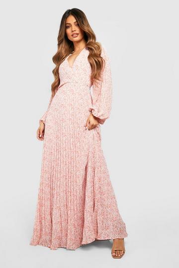 Pink Floral Pleated Wrap Maxi Dress