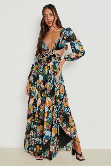 Floral Cut Out Open Back Maxi Dress black