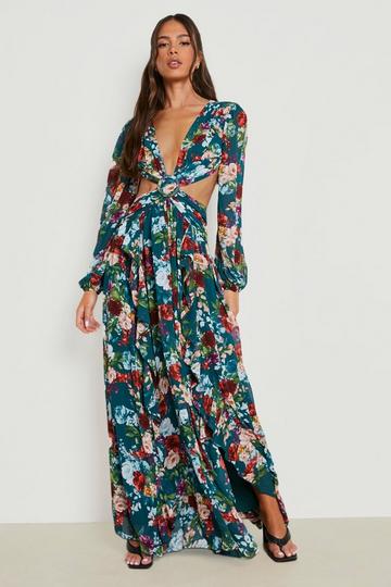 Floral Cut Out Open Back Maxi Dress green