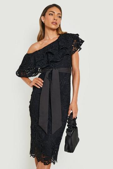 Crochet Lace Asymmetric Frill Midi Dress black