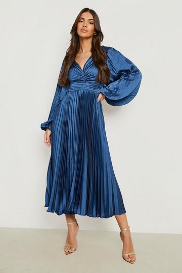 Satin Pleated Plunge Midaxi Dress petrol
