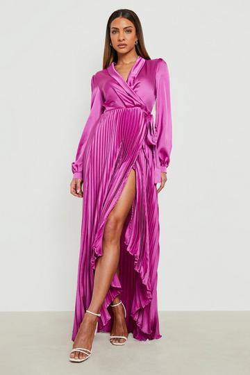 Magenta Pink Satin Pleated Wrap Belted Maxi Dress