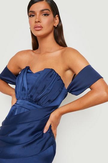 Navy Satin Drape Detail Fishtail Maxi Dress