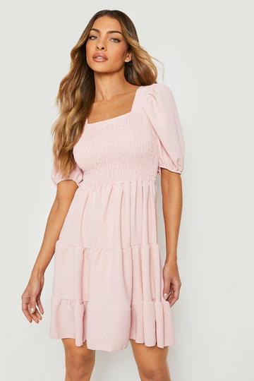 Pink Puff Sleeve Shirred Smock Dress