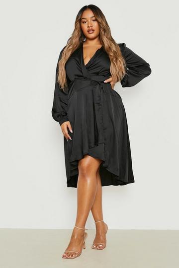 Black Plus Satin Wrap Detail Midi Skater Dress