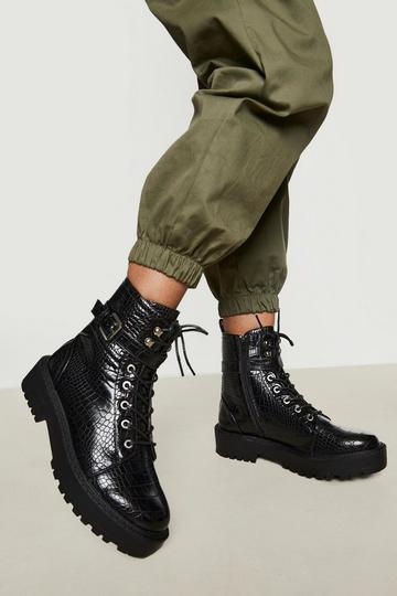 Black Buckled Croc Lace Up Hiker Boot