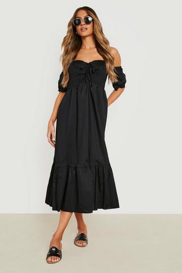 Off Shoulder Cotton Shirred Midi Dress black