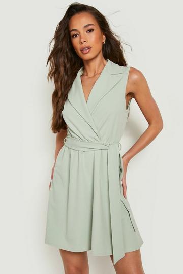 Sage Green Tailored Pocket Detail Plunge Neck Blazer Dress