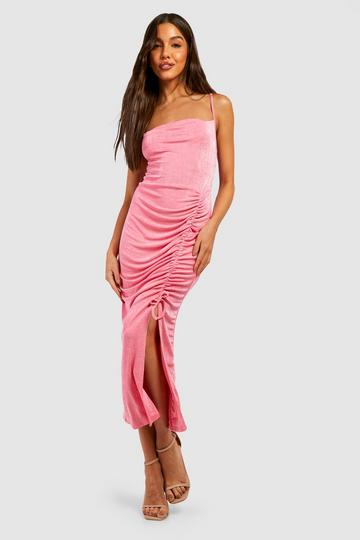 Pink Cowl Neck Ruched Midi Dress