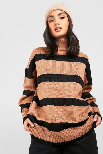 Camel Beige Stripe Oversized Knitted Sweater