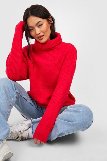 Roll Neck Oversized Knitted Jumper red