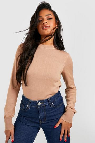 Camel Beige Knitted Crew Neck Sweater