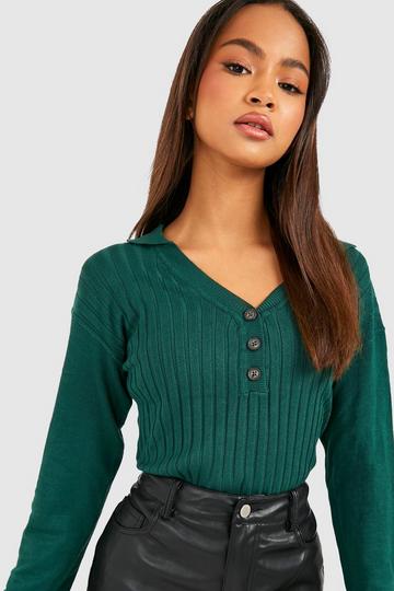 Polo Collared Button Detail Knitted Sweater forest