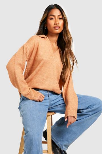 Camel Beige Soft Knit Collared Sweater