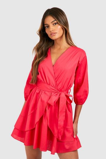 Coral Pink Cotton Ruffle Belted Skater Dress